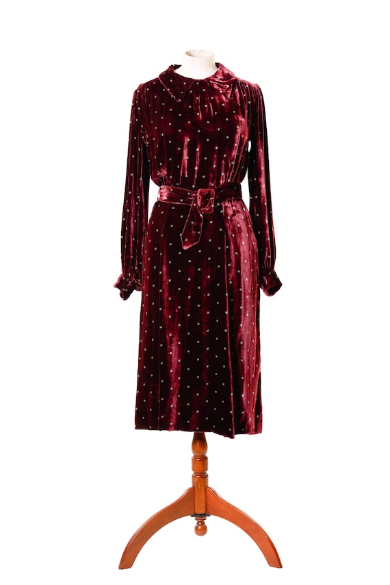 1940s Burgundy Velvet Dress with Green Checked Pa… - image 2