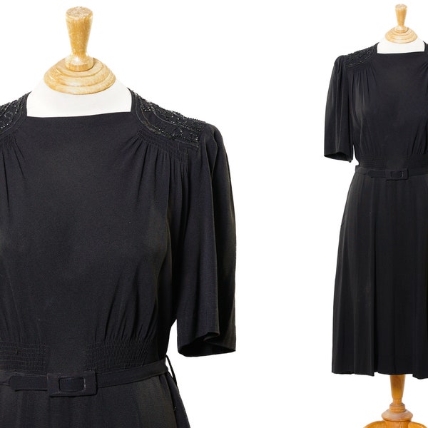 1940s Black Crepe Dress / 40s Sequin Dress / Belt / 31" Waist
