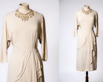 1940s Ivory Crepe Dress with Gold Sequins / 28" Waist