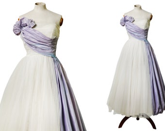 1950s WILL STEINMAN White and Lavender Gown / 50s Tulle Prom Dress / Wedding