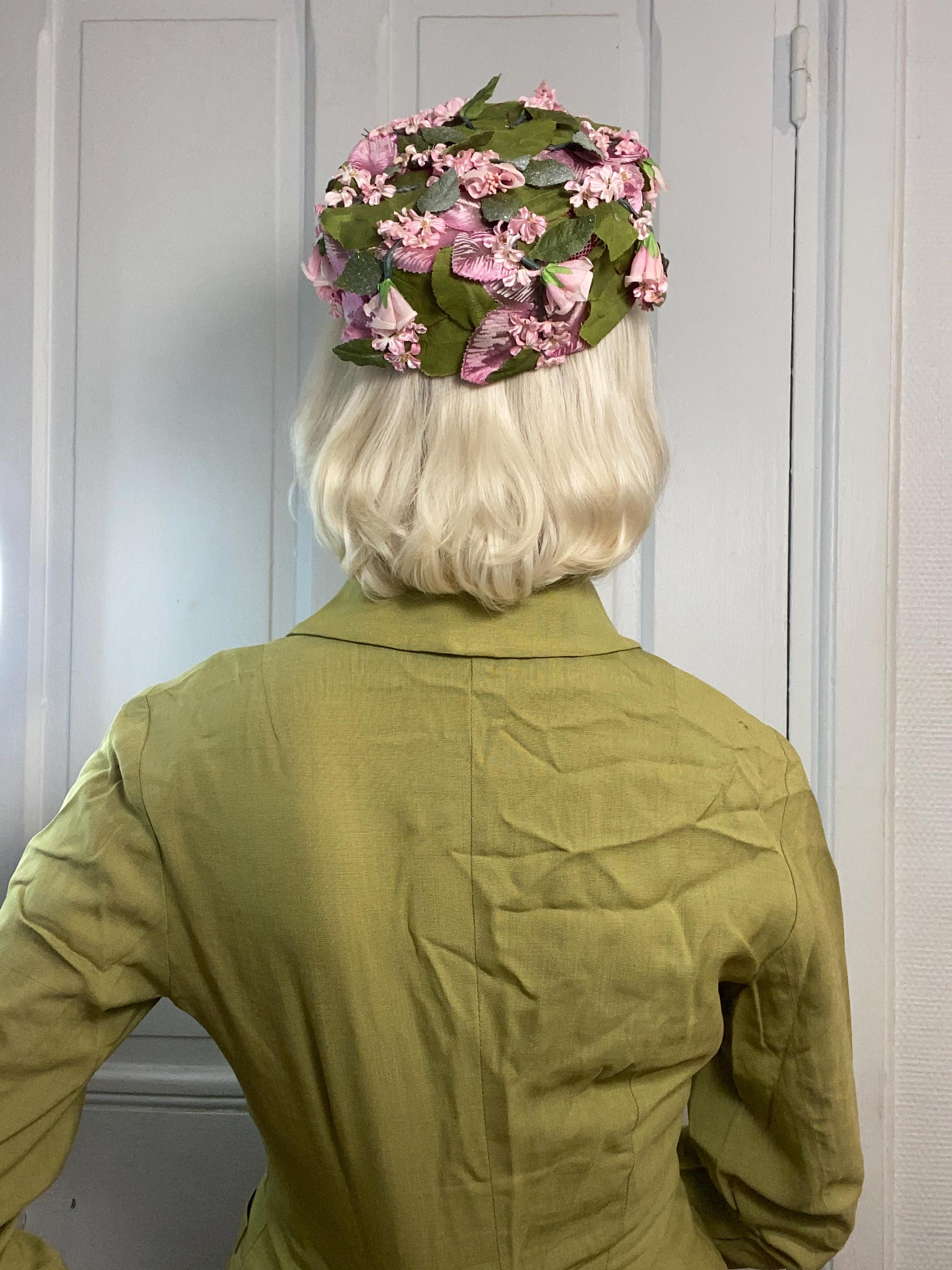 1960s Pink Floral Pillbox / 60s Hat With Green Leaves and 