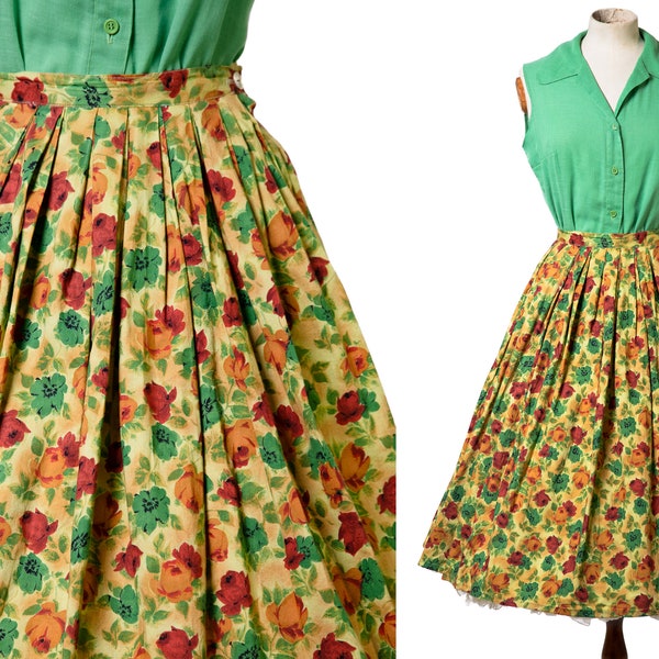 1950s Floral Rose Print Cotton Skirt / Yellow / Red / Green / 50s pleated skirt