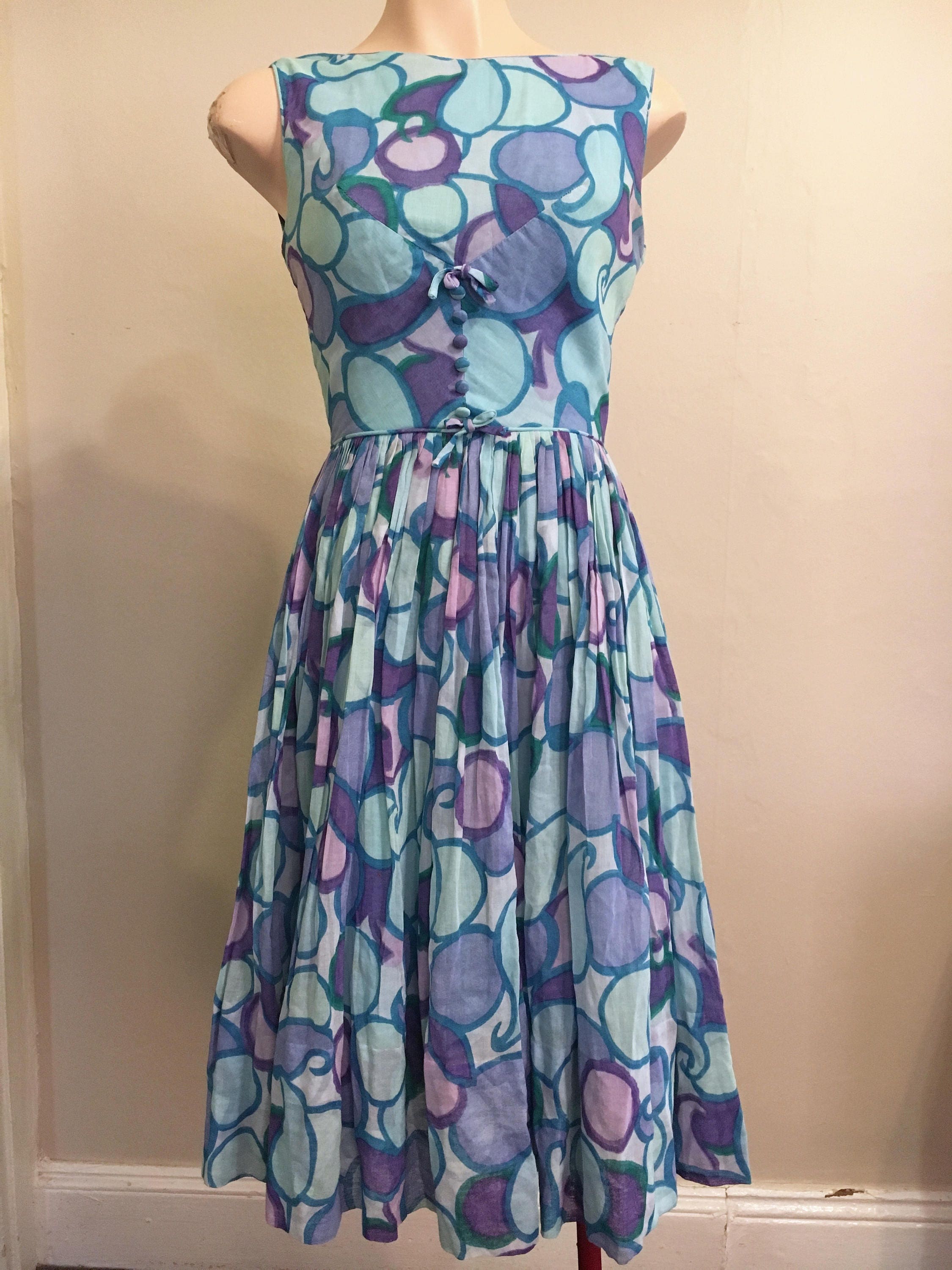 1950s Fit and Flare / Blue Purple and Teal Dress With Swirl | Etsy