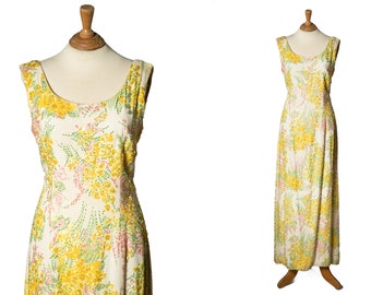 1960s Sequin Gown / Full Length Beaded Dress / White Yellow Green and Pink Floral Print / 31" Waist