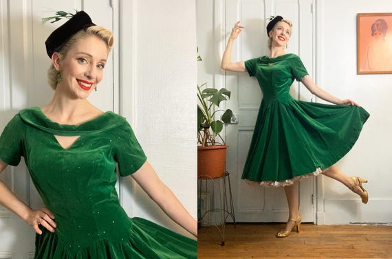 1950s Green Velvet Fit and Flare Dress with Rhinestones / 50s Dress with Bow
