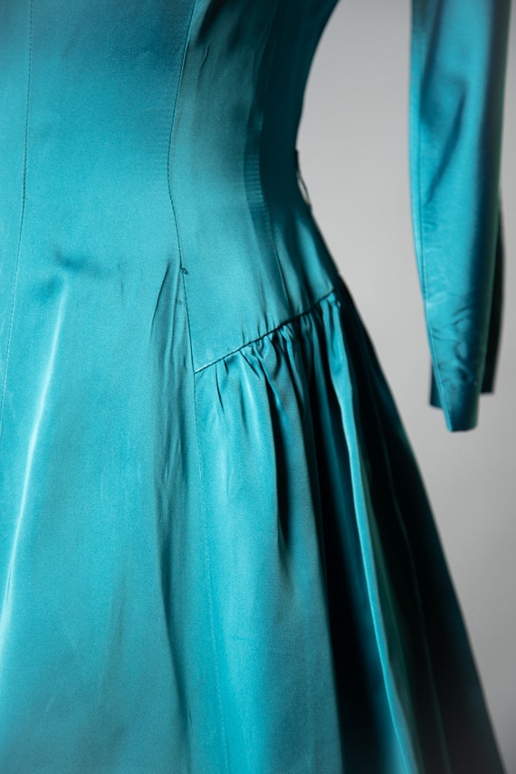 1950s Teal Blue Satin Tea Length Dress / 28" Waist - image 6