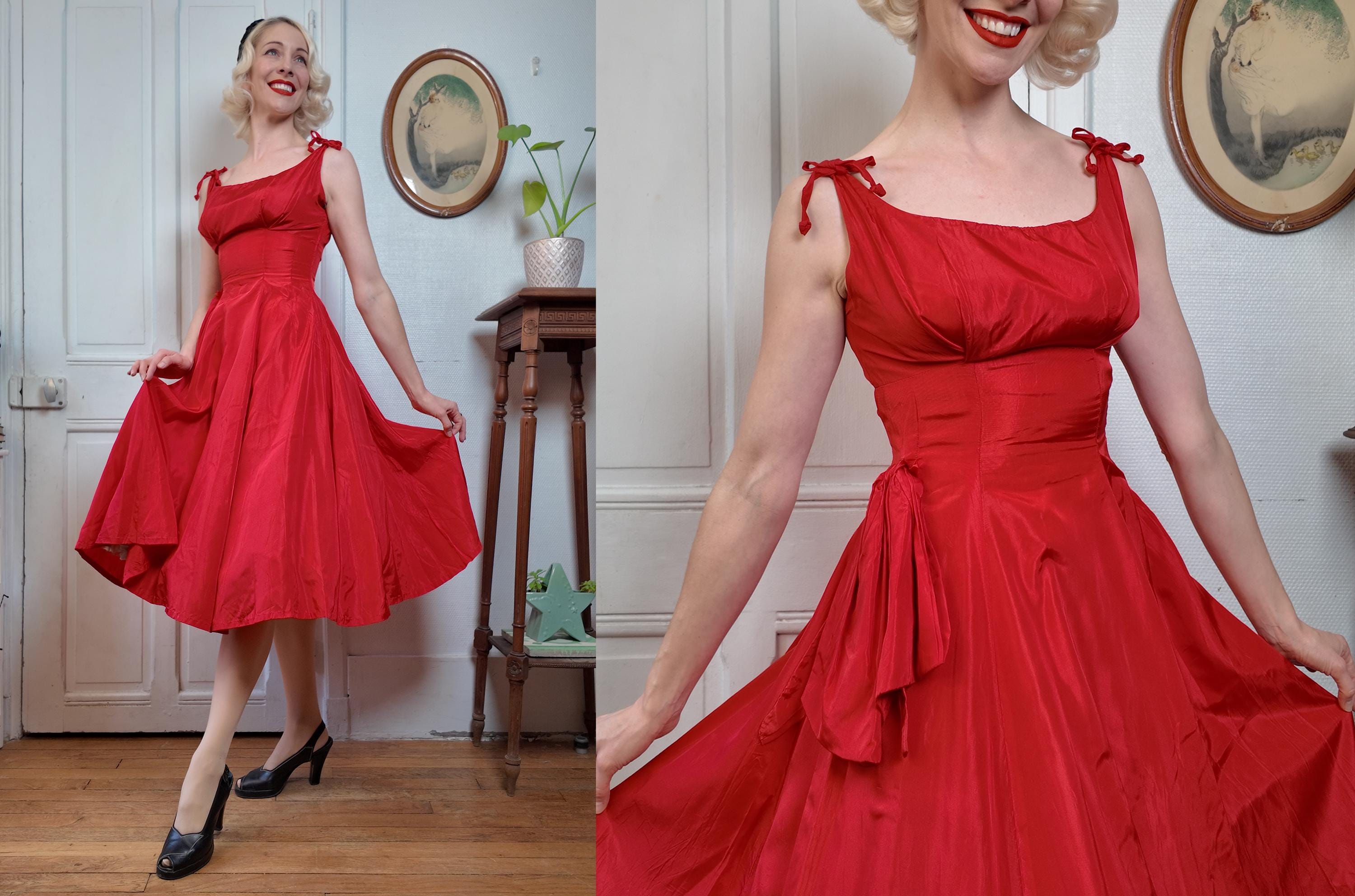 Jupe Vintage De Soirée En Taffetas Noir - Style Années 1950, Mi-mollet, Taille 36 - Occasion Très Bon état