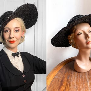Cappello in rafia a tesa larga anni &#39;30 / Cappello nero anni &#39;30 con nastro