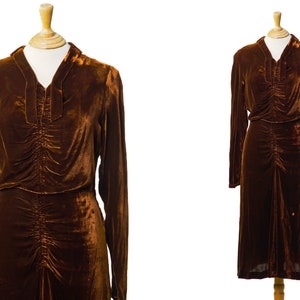 1930s Brown Silk Velvet Dress / 30s Vintage Velvet Dress / W 28"