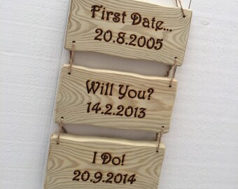 Handmade Rustic Driftwood/Farmhouse Style Indoor/Outdoor Personalised Wooden Anniversary First Date Marriage 3 piece Sign Plaque 20cm x 35cm