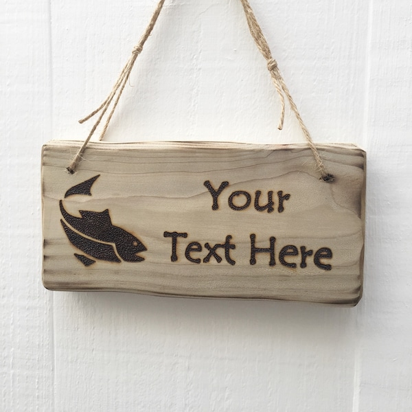 Handmade Rustic Driftwood/Farmhouse Style Personalised Wooden Fish Gone Fishing Pond Name Door Pet Sign Plaque 20cm x 10cm