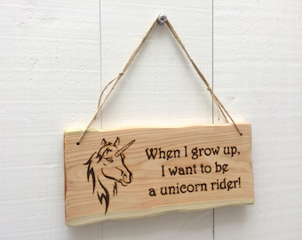Handmade Rustic Driftwood/Farmhouse Style Indoor/Outdoor Personalised Wooden Unicorn Horse Riding Child's Bedroom Sign Plaque 32cm x 15cm