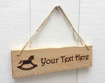 Handmade Rustic Driftwood/Farmhouse Style Indoor/Outdoor Personalised Wooden Rocking Horse Child's Room Door Sign Plaque 32cm x 10cm