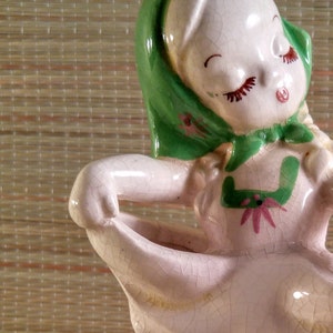 Vintage delee art of Hollywood California Ceramic Lady Double Planter with White Dress and Pink and Green Scarf.