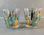 Vtg Cocktail Glasses with Turquoise 22 KT Gold Liquor Bottle Graphics. Set of 2. Anchor Hocking. 1960 39 s Swank, Mad Men Barware.