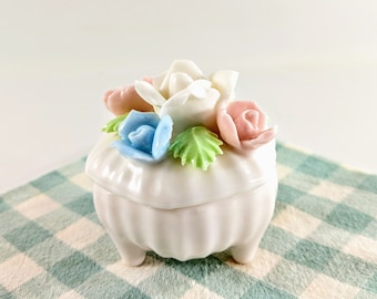 Vtg. Enesco Covered Trinket Dish. White Porcelain with Pink, White, Yellow & Blue Sculpted Rose Flowers. Small Jewelry/Ring/ Dresser Box.
