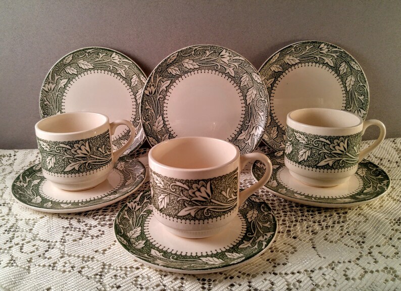 Green and White Flower and Leaf Avon Pattern Cups Shabby Chic Kitchen Decor. Vintage Scio Pottery Dishes Saucers and BreadDessert Plates