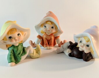 Vintage Homeco Pixie Figurines. Set of 3 Bisque Porcelain Elves. Collectible Kitsch. Garden Decor. Retro Planter Figurines. Cake Toppers.