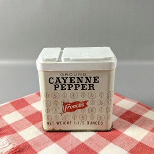 Vintage French&#39;s Cayenne Pepper Tin with White & Red Graphics. 1970&#39;s Spice Container. Retro Kitchen Decor. Advertising Memorabilia.