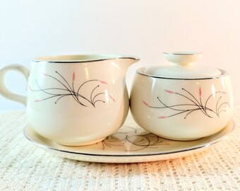 Homer Laughlin Capri Cream and Sugar Set and Underplate. Off White with Pink & Black Leaf Sprigs and Platinum Trim. Mid Century Kitchen.