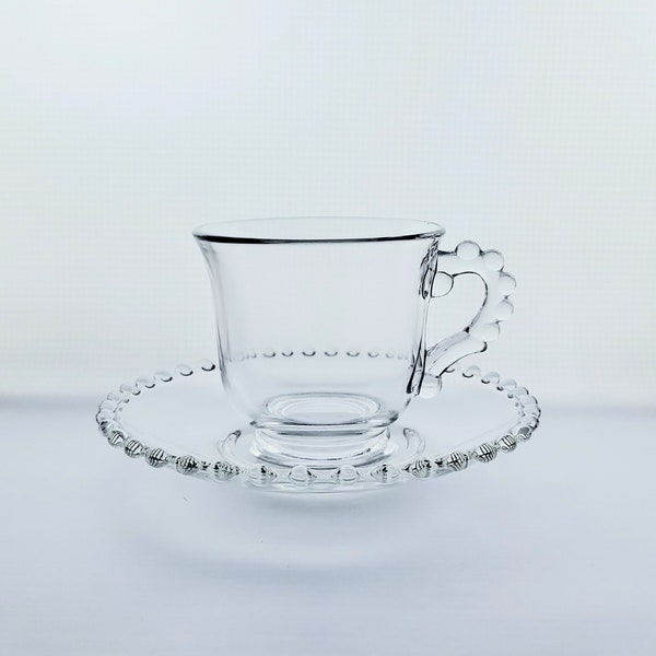 Imperial Glass Candlewick Footed Cup & Saucer Set. (Stem 3400) Clear Glass with Beaded Rims and Handle. Mix and Match/Replacement Dishes.