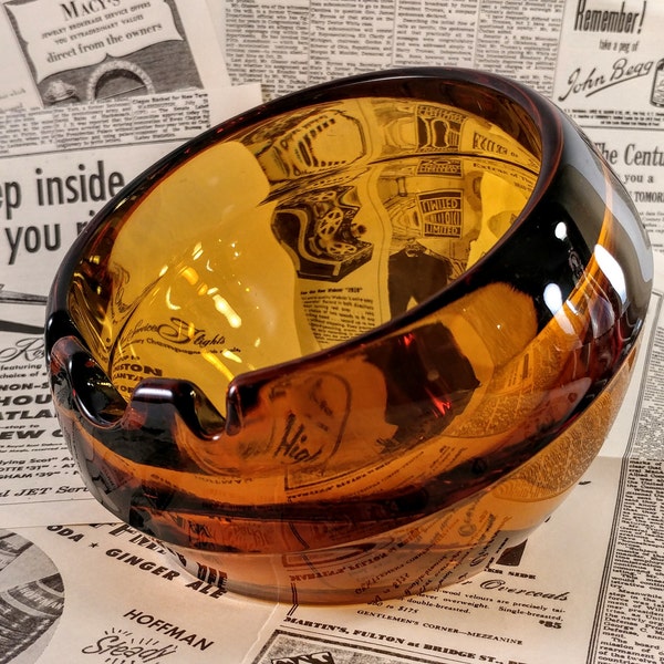 Large Viking Art Glass Amber Orb Cigar Ashtray. Retro, Mid Century Modern, Madmen Trinket Dish, Barware Decor.