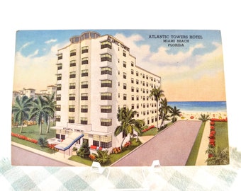 Vintage Atlantic Towers Hotel Linen Postcard. Miami Beach, Florida. Genuine Curteich. 1950's Travel Souvenir. Advertising. Memorabilia.