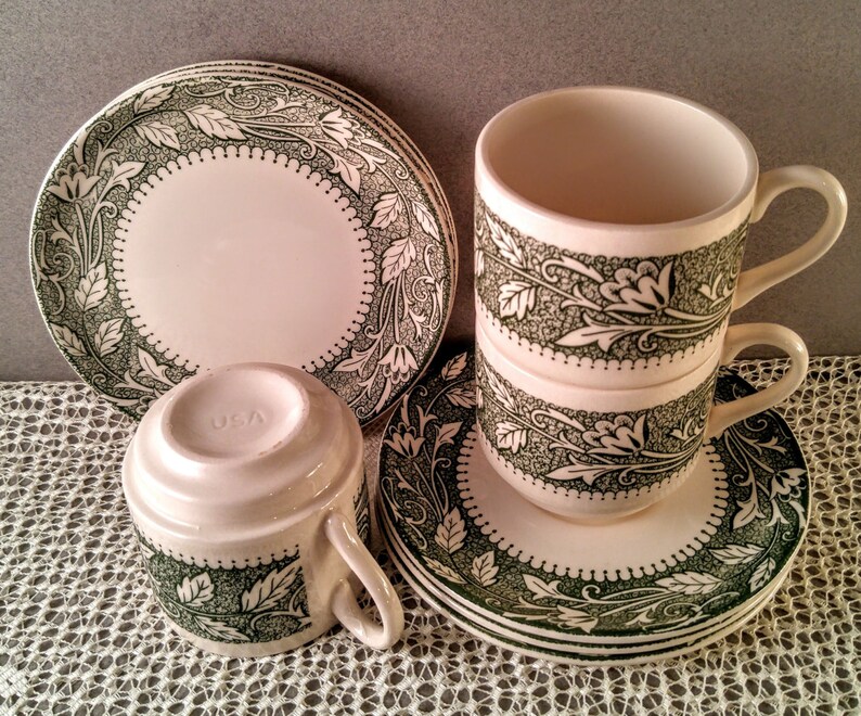 Green and White Flower and Leaf Avon Pattern Cups Shabby Chic Kitchen Decor. Vintage Scio Pottery Dishes Saucers and BreadDessert Plates
