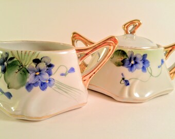 Vintage Cream and Sugar Set. Antique Te Oh China Hand Painted Nippon. Purple African Violets & Gold Gilt Handles. Collectibles. Gift Giving.