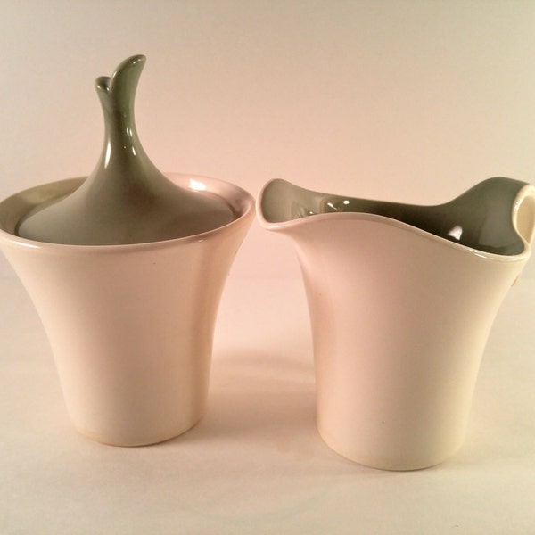 Vintage Harkerware Pottery Ivy Wreath Cream and Sugar Set. Sage Green & Off-White 1960's, MCM Retro, Modern, Minimalist Kitchen Decor.