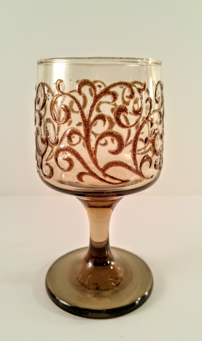 Libbey Prado Smoke Brown Filigree Pedestal Wine Glasses. Set Etsy