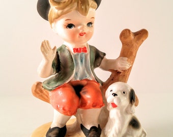 Vintage Made in Japan Hummel-Like Boy with Dog Porcelain Figurine. Mid Century Kitsch.