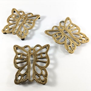 Set of 3 Vintage Brass Butterfly Trivets/Hot Pads. 1970&#39;s, Retro Kitchen. Boho Wall Decor.