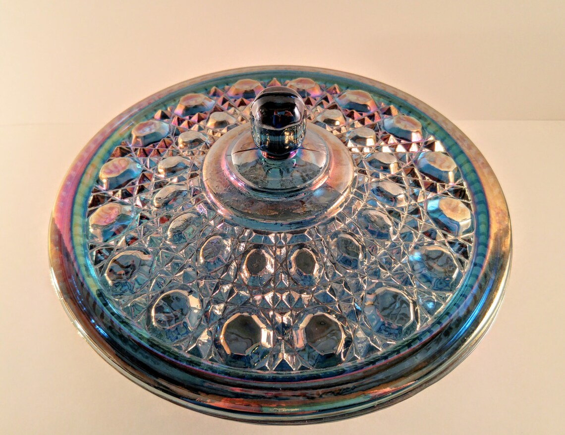 Iridescent Blue Depression Carnival Glass Candy Dish with Lid. Etsy