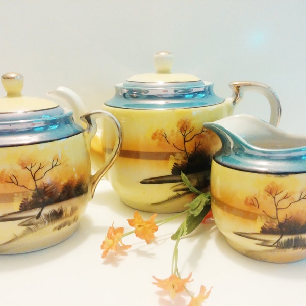 On Sale. Made in Japan Hand Painted Luster Ware Teapot, Sugar Bowl and Creamer. Tea Set.  Vintage Shower Decor. Collectible Tea Set.
