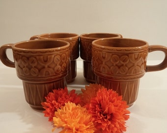 Vintage Stacking Coffee Cups. Amber/Gold Ceramic with Geometric Abstract Designs. Set of Four Made in Japan. Retro, Mod Kitchen.
