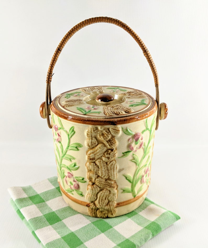Vtg Peanut Jar With Rattan Handle. Japanese Ceramic Biscuit Etsy