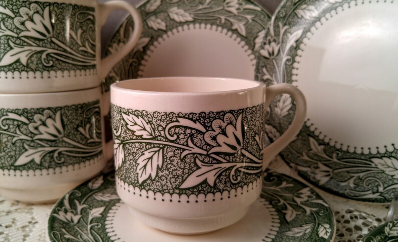 Green and White Flower and Leaf Avon Pattern Cups Shabby Chic Kitchen Decor. Vintage Scio Pottery Dishes Saucers and BreadDessert Plates