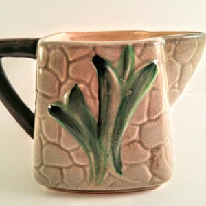 May include: A brown and beige ceramic pitcher with a green and black leaf design. The pitcher has a handle and a textured surface.