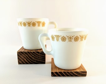 Vtg Pyrex Butterfly Gold Coffee Mugs. Set of 2 White Milk Glass Cups with Yellow Flowers & Butterflies. 1970's' Retro Kitchen.