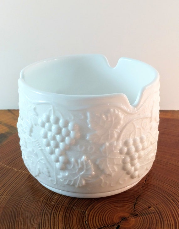 Large Imperial Glass Bowl Ashtray. White Milk Glass Vintage Grape Pattern. Cottage Chic Decor. Pencil Holder. Cotton Ball Holder. Candy Dish