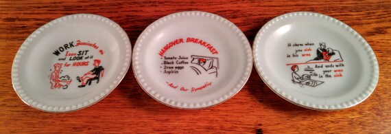 1950's Adult Humorous Ashtrays. Mid Century Coasters. Set of Three Trinket Dishes. Man Cave. Barware. Novelty Gag Gift. Kitsch.