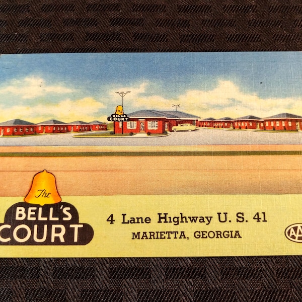 Vintage Bell's Court Hotel Linen Postcard. Marietta, Georgia. 1950's, Mid Century Travel Souvenir. Advertising. Genuine Curteich Colortone.