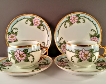 AKD France Limoges Cups, Saucers and Dessert Plates with Pink Hand Painted Flowers & Gold Trim. Tea Set. Bridal Shower Gift and Decor.