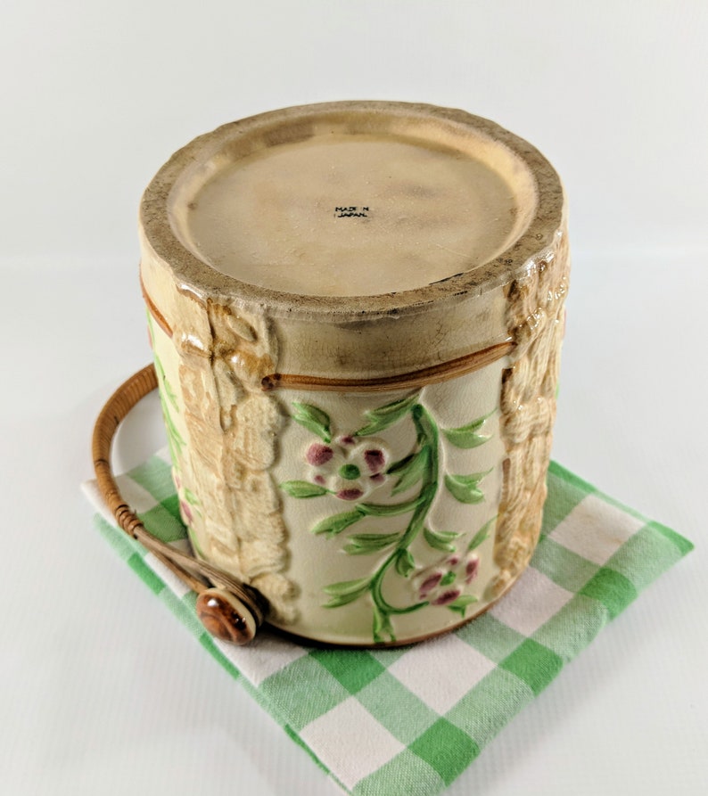 Vtg Peanut Jar With Rattan Handle. Japanese Ceramic Biscuit Etsy