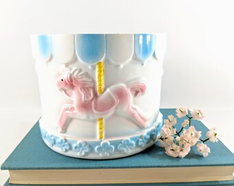 Vtg. Relpo Carousel Baby Planter. White with Pink Horses and Blue & Yellow Painted Details. Nursery Decor. New Baby Gift. Shower Decor.