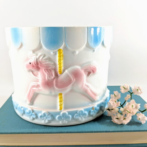 Vtg. Relpo Carousel Baby Planter. White with Pink Horses and Blue & Yellow Painted Details. Nursery Decor. New Baby Gift. Shower Decor.