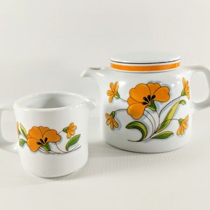 Vtg Bauscher Weiden Lidded Teapot & Matching Creamer. White Porcelain with Yellow Flowers. Made in Bavaria Germany. Retro Kitchen.