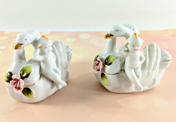 Vtg. Porcelain Swan & Baby Trinket Dishes with Sc… - image 2