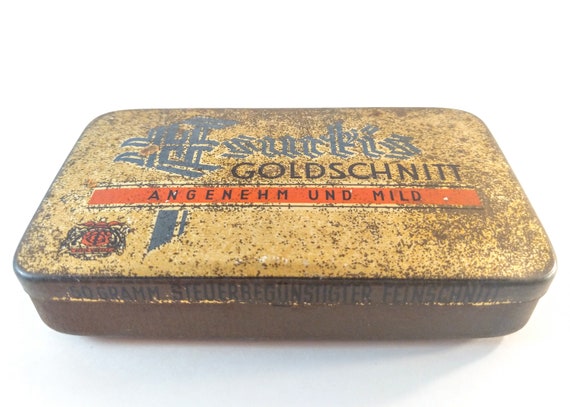 Vintage German Tobacco Tin. Gold Tone With Hinged Lid and Orange & Blue  Graphics. Goldschnitt/gold Cut. Collectibles. Gift for Him